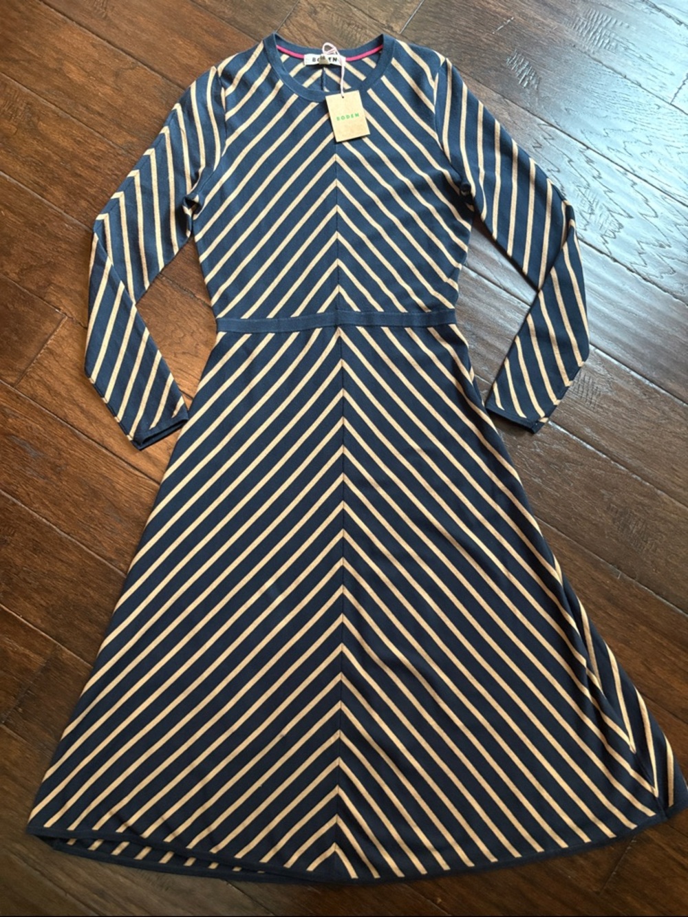 Boden Navy and Cream Diagonal-Stripe Long Sleeve Dress